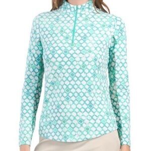 IBKUL Doreen Print Long Sleeve Mock Neck Top- Caribbean Tiles Size Medium UPF50